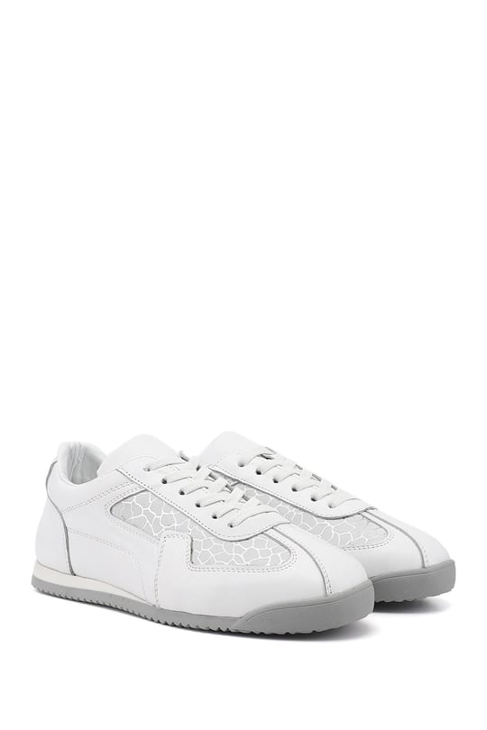 Kadın Beyaz Lastik Bağcıklı Hakiki Deri Sneaker