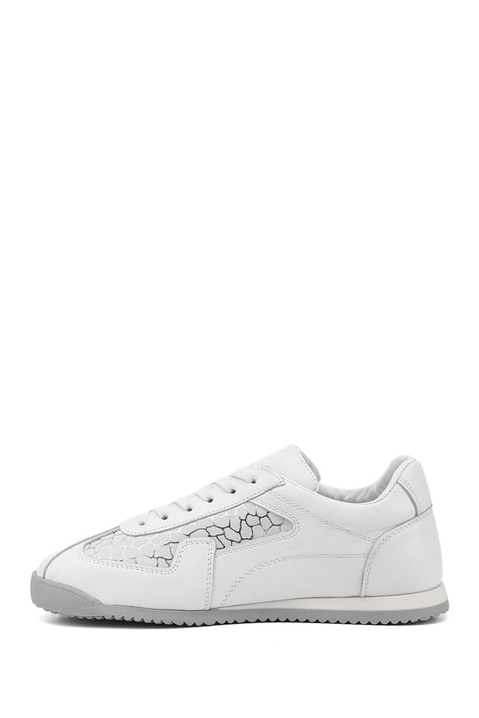 Kadın Beyaz Lastik Bağcıklı Hakiki Deri Sneaker