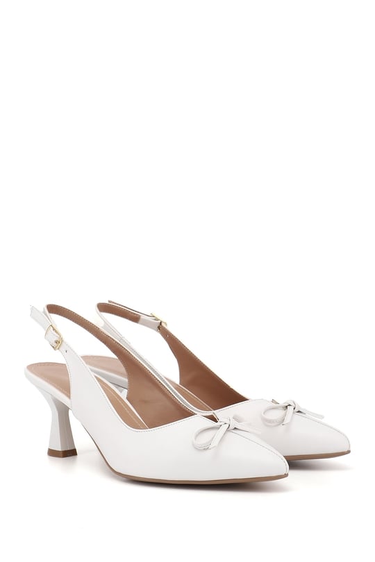 Womens White Pointed Toe Goblet Heel Bow Slingback Shoes