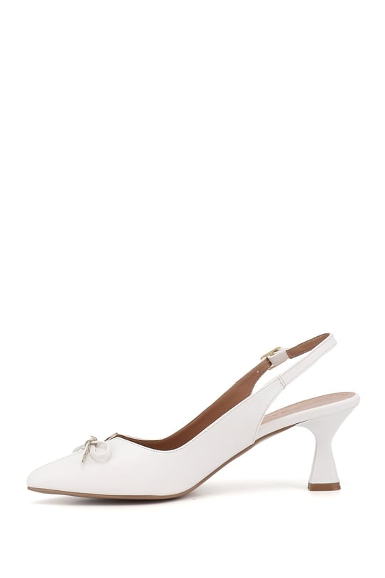 Womens White Pointed Toe Goblet Heel Bow Slingback Shoes