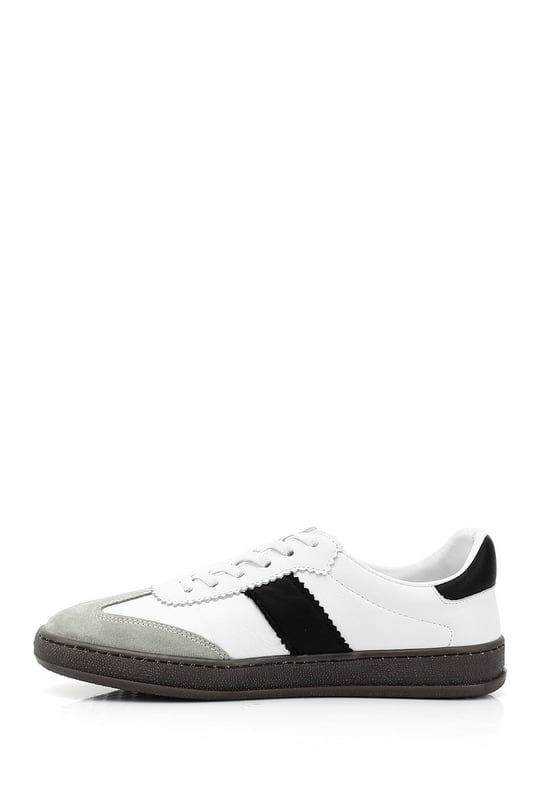 Kadın Beyaza Gri Bağcıklı Hakiki Deri Sneaker