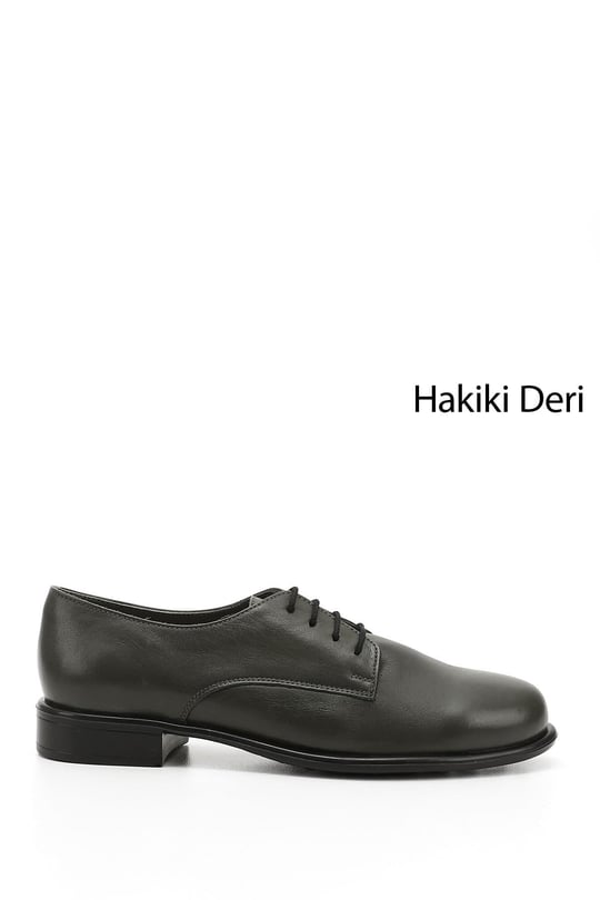 Kadın Haki Antik Bağcıklı Hakiki Deri Oxford Ayakkabı