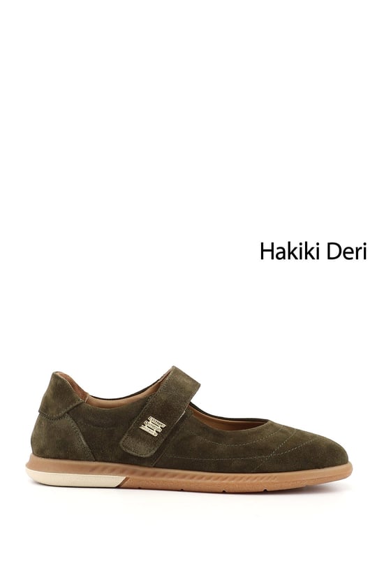 Kadın Haki Süet Mary Jane Hakiki Deri Babet