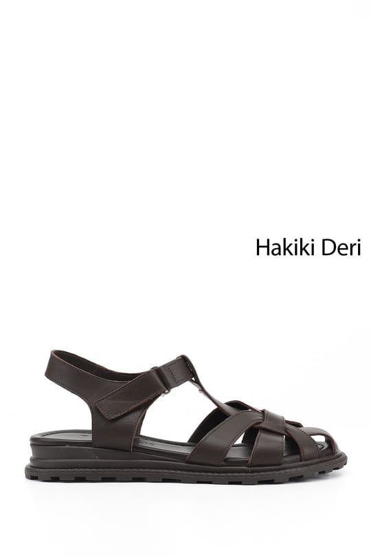 Kadın Kahve Antik Cırt Bantlı Burnu Kapalı Hakiki Deri Sandalet