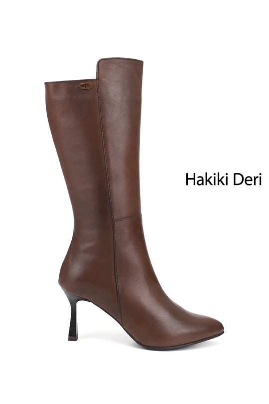 Kadın Kahve Antik Fermuarlı Sivri Burun Hakiki Deri Çizme