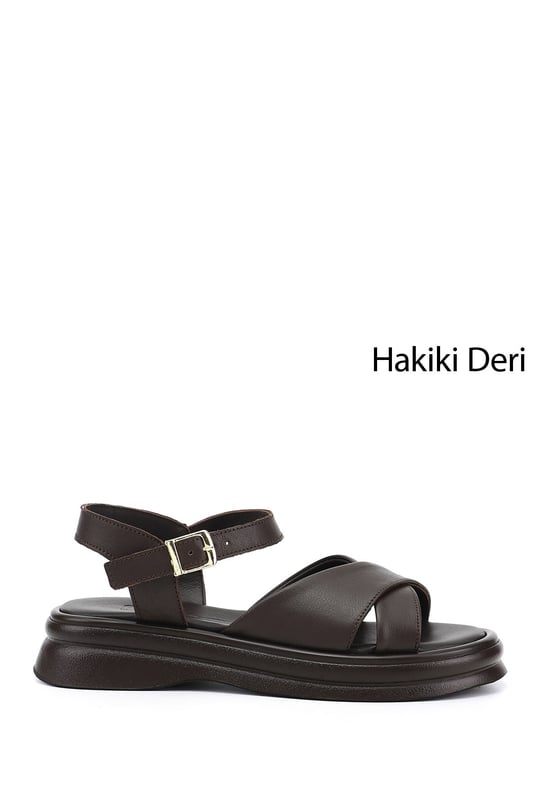 Kadın Kahve Antik Tokalı Bantlı Hakiki Deri Sandalet