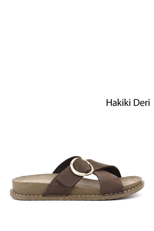 Kadın Kahve Nubuk Çapraz Bantlı Hakiki Deri Terlik