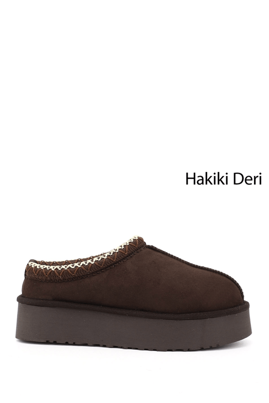 Kadın Kahve Nubuk W Tazz Kalın Tabanlı Hakiki Deri Kürklü Terlik
