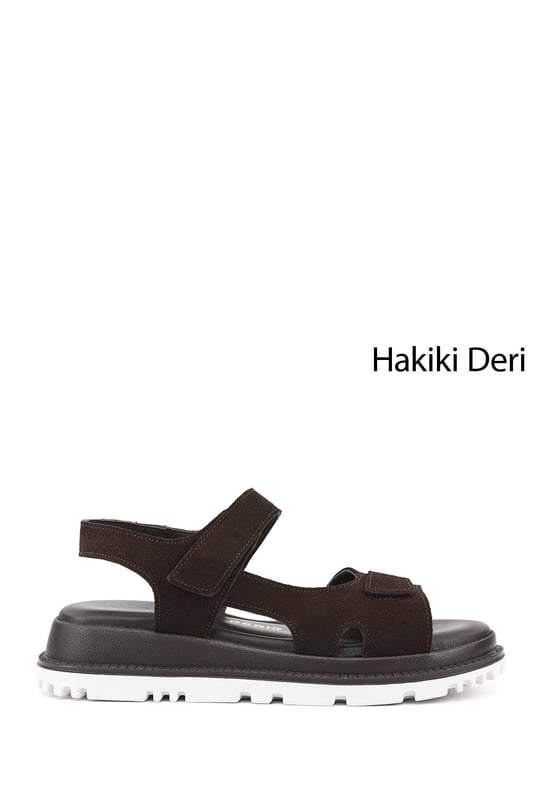 Kadın Kahve Süet Cırt Bantlı Hakiki Deri Sandalet