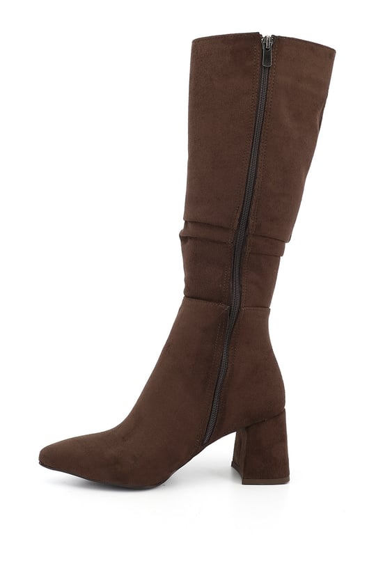 Womens Brown Suede Zipper Thick Heeled Boots
