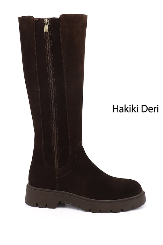 Kadın Kahve Süet Fermuarlı Kauçuk Taban Hakiki Deri Çizme