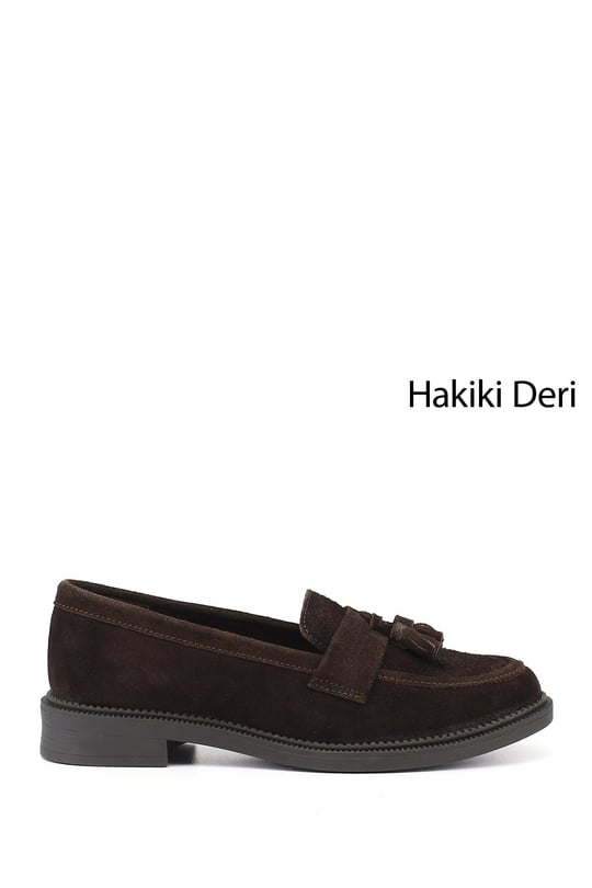 Kadın Kahve Süet Hakiki Deri Püsküllü Loafer Ayakkabı