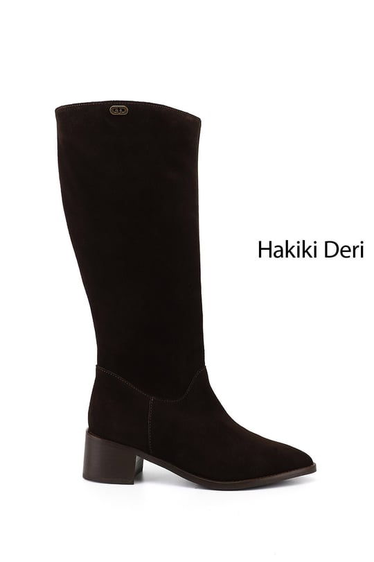 Kadın Kahve Süet Sivri Burun Kalın Topuklu Hakiki Deri Çizme