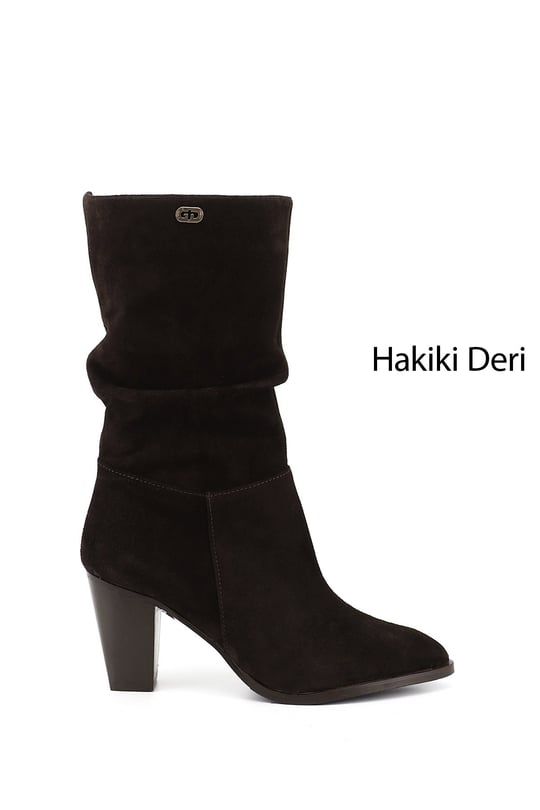 Kadın Kahve Süet Sivri Burun Körüklü Kalın Topuklu Hakiki Deri Çizme