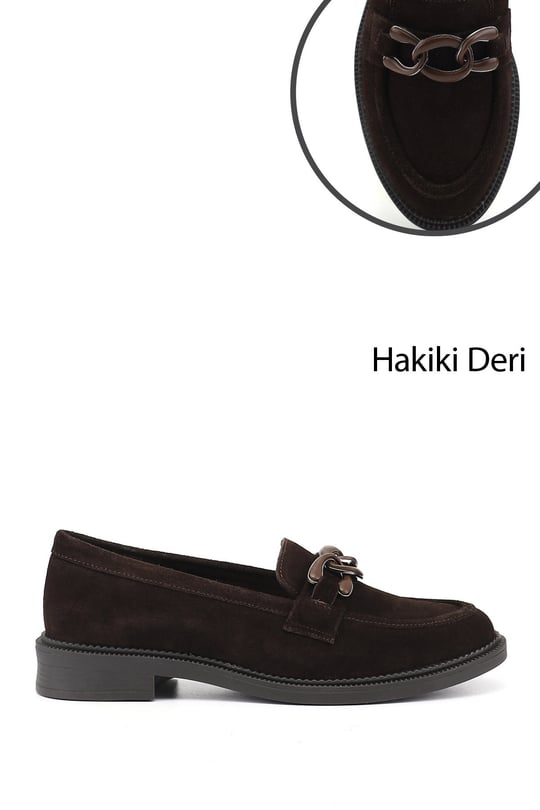 Kadın Kahve Süet Tokalı Hakiki Deri Loafer Ayakkabı