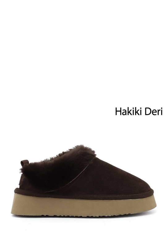 Kadın Kahve Süet W Tazz Kalın Tabanlı Hakiki Deri Kürklü Terlik