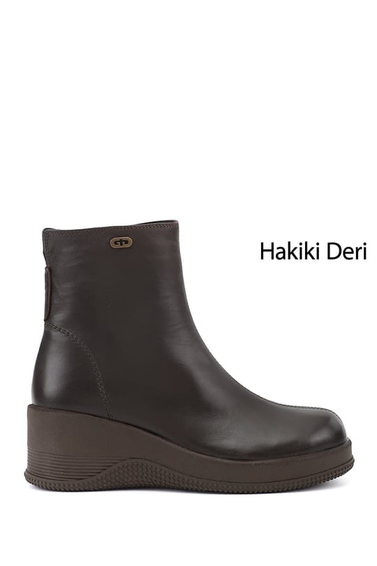 Kadın Kahverengi Fermuarlı Dolgu Topuklu Hakiki Deri Bot