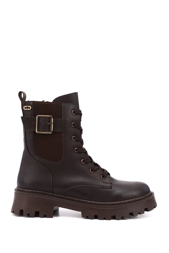 Womens Brown Zip-Up Chunky Heel Combat Boots