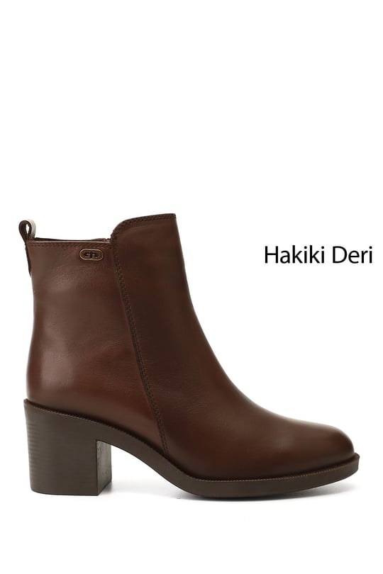Kadın Kahverengi Fermuarlı Kalın Topuklu Hakiki Deri Bot