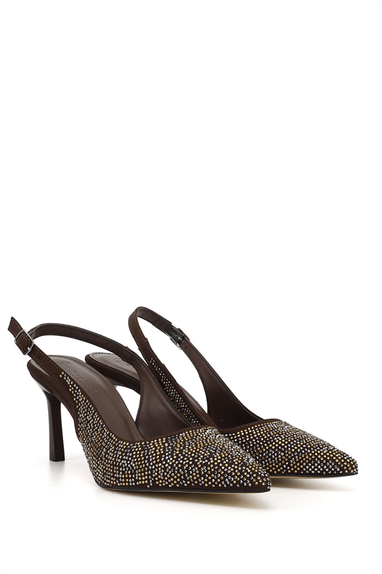 Womens Brown Pointed Toe Glass Heel Open Back Shoes