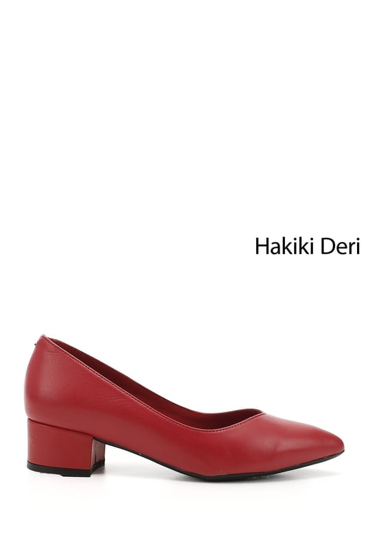 Kadın Kırmızı Antik Kısa Kalın Topuklu Hakiki Deri Ayakkabı