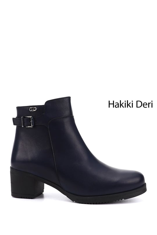 Kadın Lacivert Antik Fermuarlı Kalın Topuklu Hakiki Deri Bot
