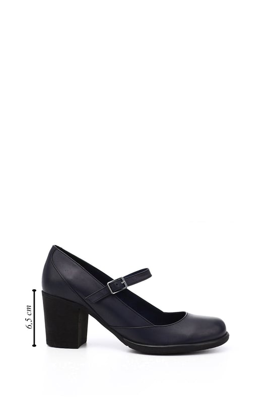 Womens Navy Blue Antique Thick Heeled Mary Jane Genuine Leather Shoes