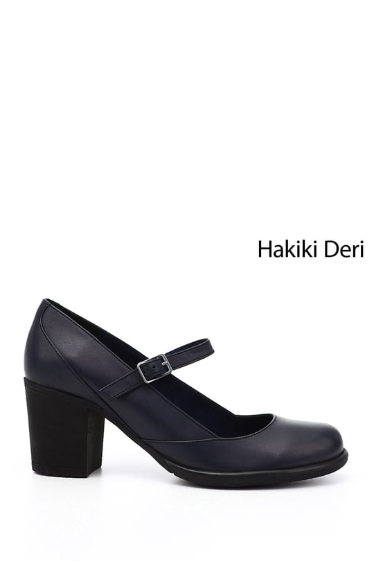 Womens Navy Blue Antique Thick Heeled Mary Jane Genuine Leather Shoes