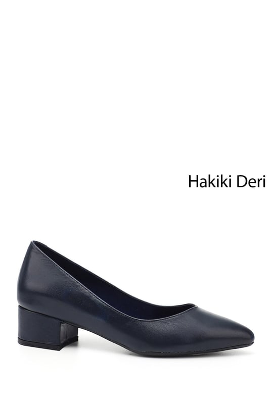 Kadın Lacivert Antik Kısa Kalın Topuklu Hakiki Deri Ayakkabı
