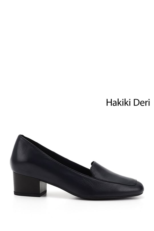 Kadın Lacivert Antik Küt Burun Kısa Kalın Topuklu Hakiki Deri Ayakkabı