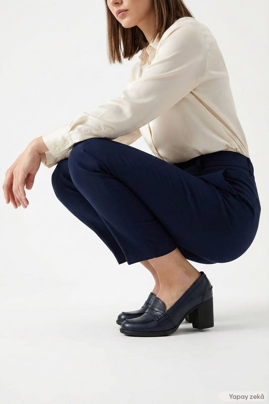 Womens Navy Blue Antique Medium Thick Heeled Genuine Leather Shoes