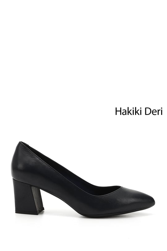 Kadın Lacivert Antik Sivri Burun Orta Kalın Topuklu Hakiki Deri Ayakkabı