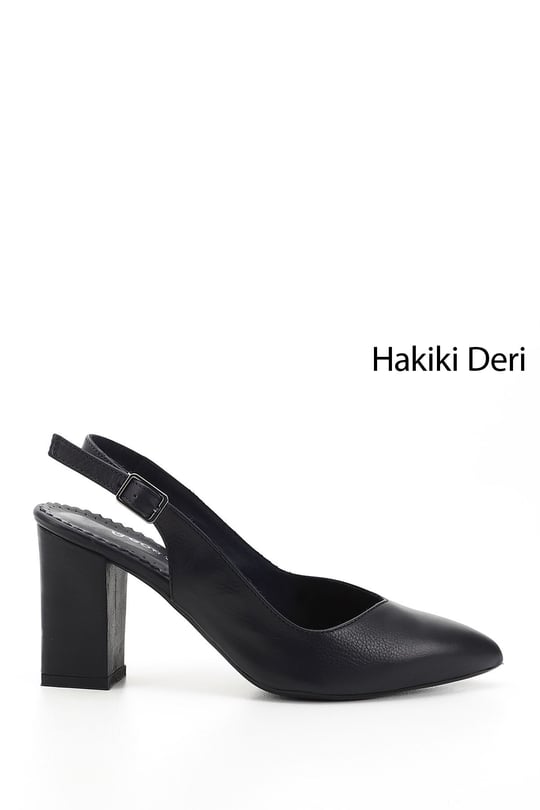 Kadın Lacivert Antik Yüksek Kalın Topuklu Arkası Açık Hakiki Deri Ayakkabı