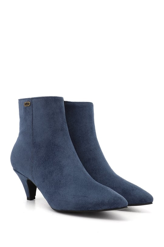 Womens Navy Suede Zippered Pointed Toe Thin Heeled Ankle Boots