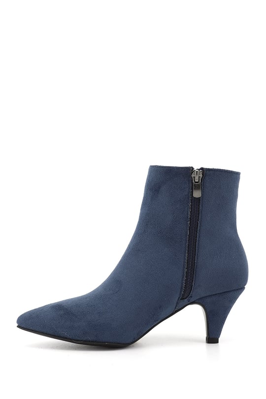 Womens Navy Suede Zippered Pointed Toe Thin Heeled Ankle Boots
