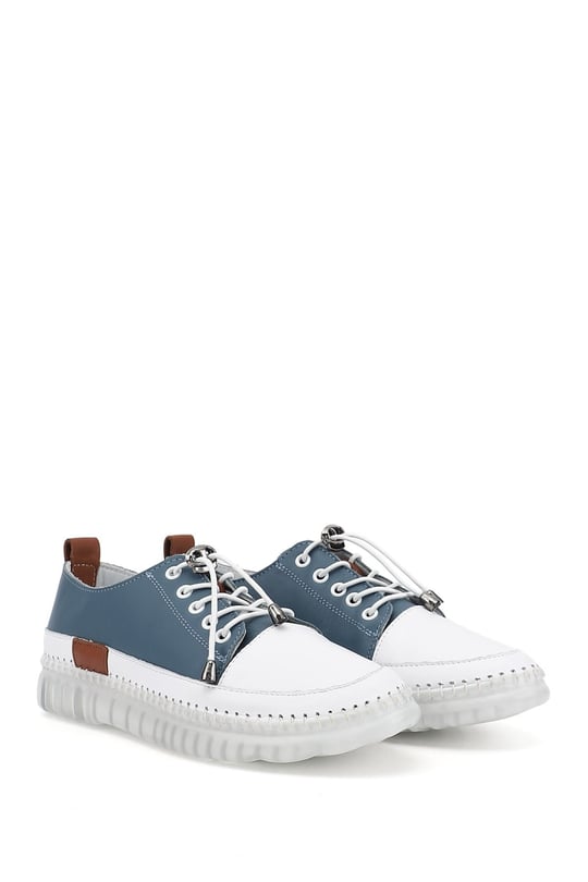 Kadın Mavi Bağcıklı Hakiki Deri Sneaker
