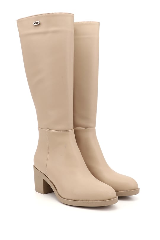 Womens Nude Zippered Thick Heel Boots