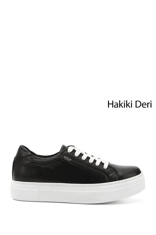Kadın Siyah Bağcıklı Dolgu Taban Hakiki Deri Sneaker