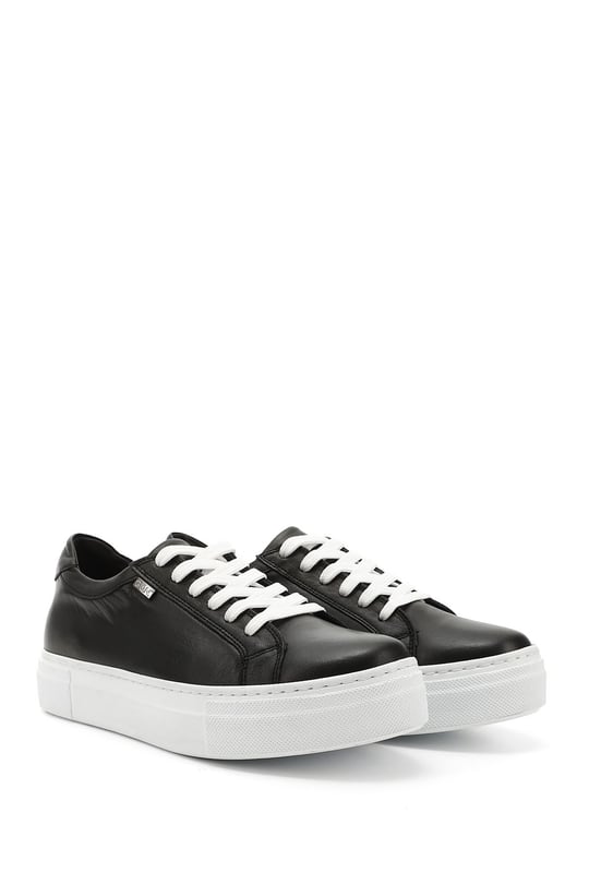 Kadın Siyah Bağcıklı Dolgu Taban Hakiki Deri Sneaker