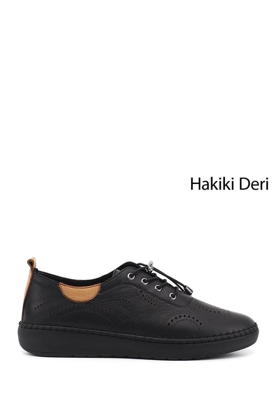 Kadın Siyah Bağcıklı Hakiki Deri Comfort Ayakkabı