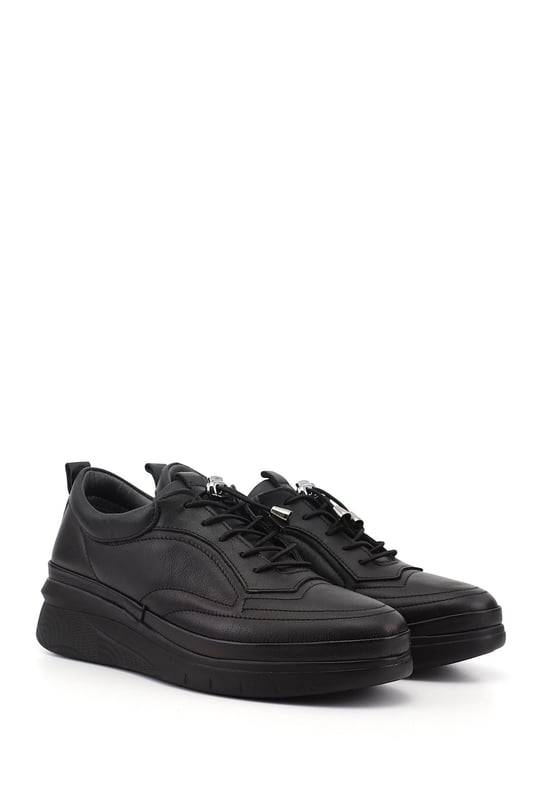 Womens Black Lace-up Genuine Leather Sneaker