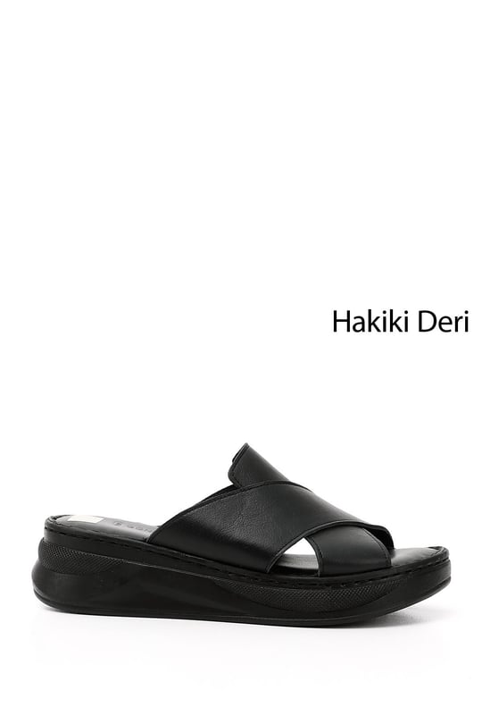 Kadın Siyah Çapraz Bantlı Dolgu Topuk Hakiki Deri Comfort Terlik