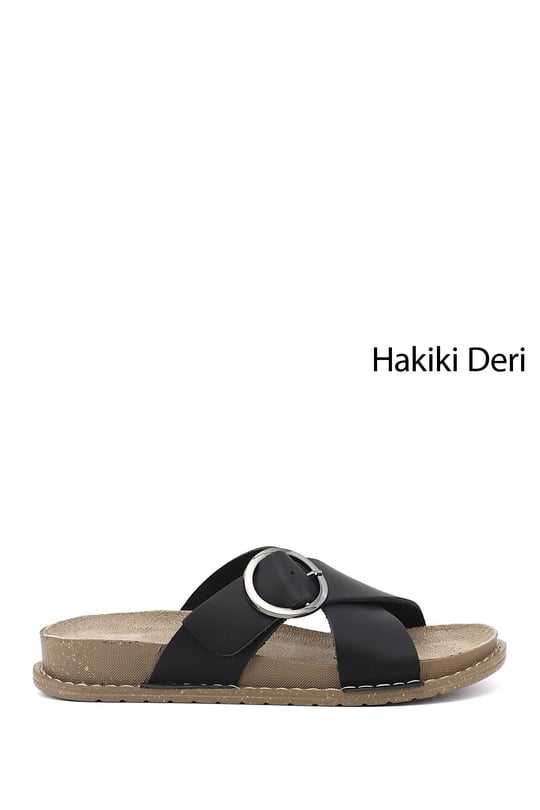 Kadın Siyah Çapraz Bantlı Hakiki Deri Terlik
