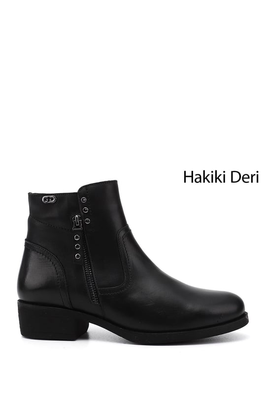 Kadın Siyah Çift Fermuarlı Kauçuk Taban Hakiki Deri Bot
