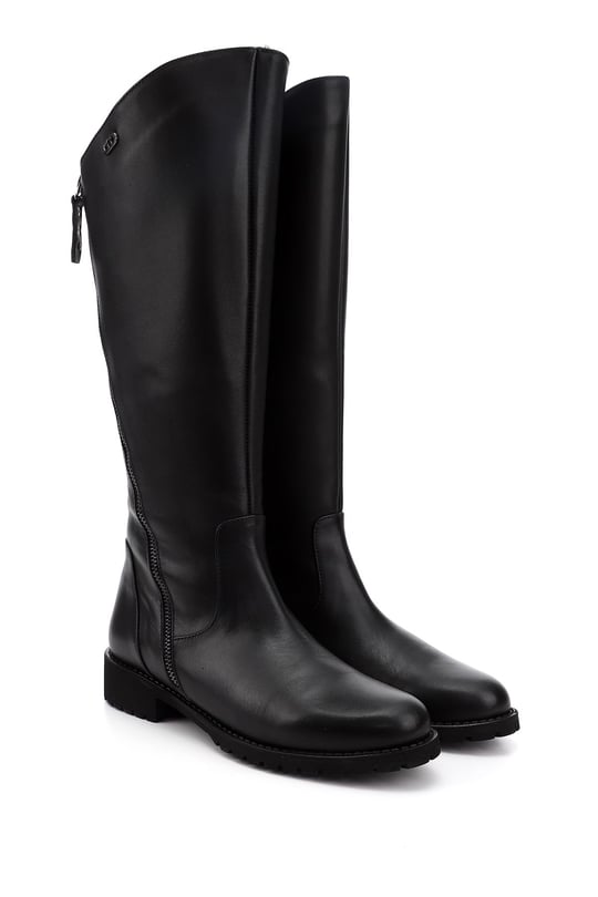 Womens Black Double Zipper Rubber Sole Genuine Leather Boots