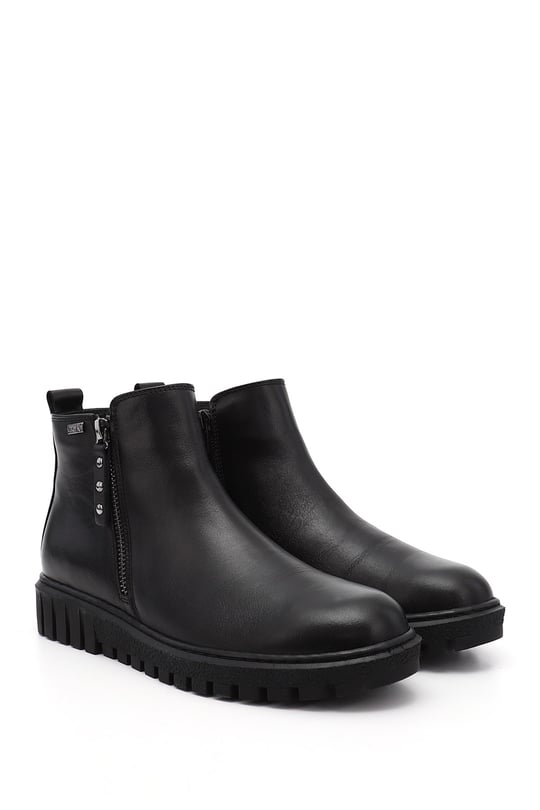 Womens Black Double Zipper Thermo Sole Genuine Leather Boots