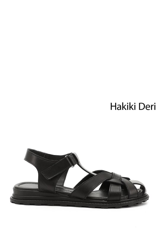Kadın Siyah Cırt Bantlı Burnu Kapalı Hakiki Deri Sandalet