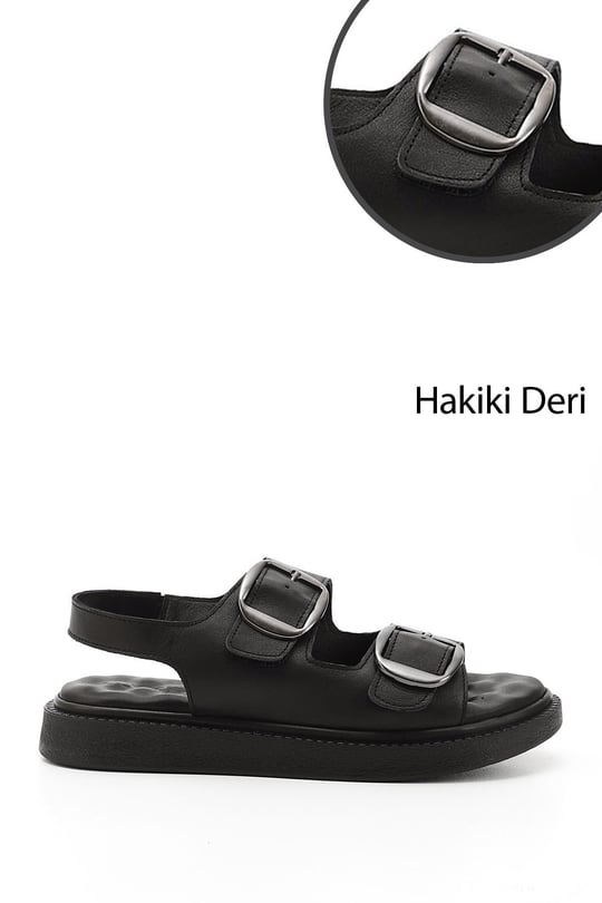 Kadın Siyah Cırtlı Tokalı Dolgu Taban Hakiki Deri Comfort Sandalet