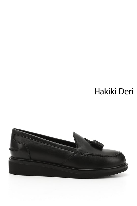 Kadın Siyah Dolgu Taban Hakiki Deri Loafer Ayakkabı