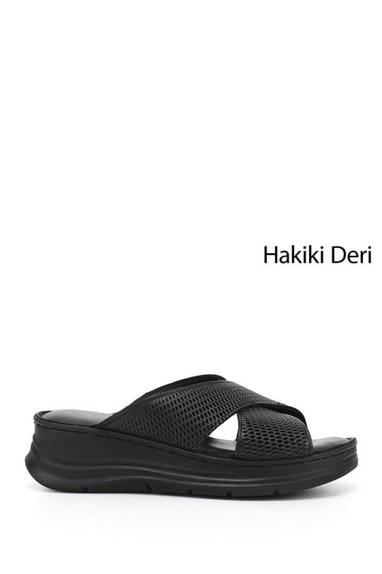 Kadın Siyah Dolgu Taban Hakiki Deri Terlik